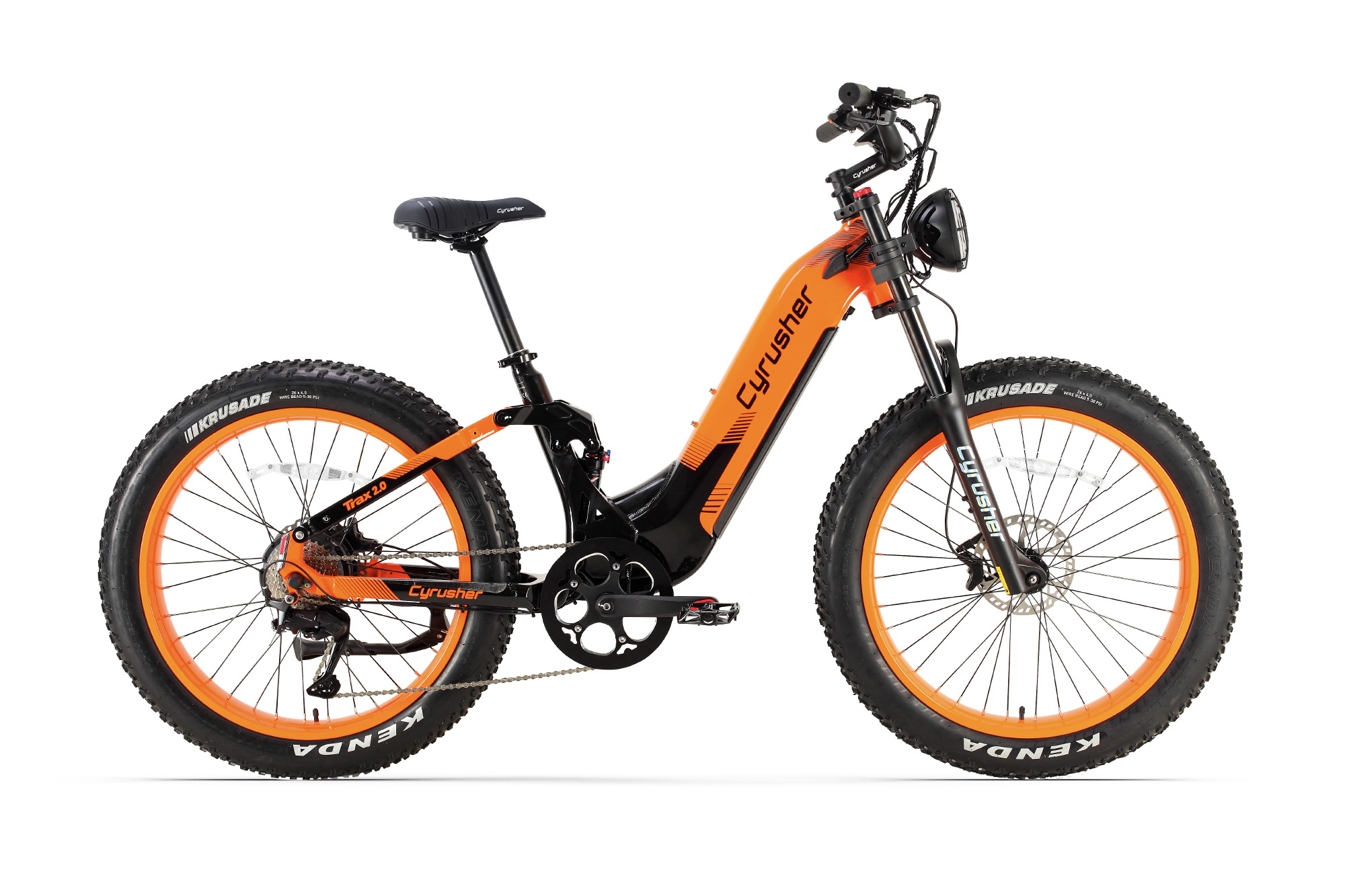 Ein oranges und schwarzes E-Bike mit fetten Reifen und Felgen.