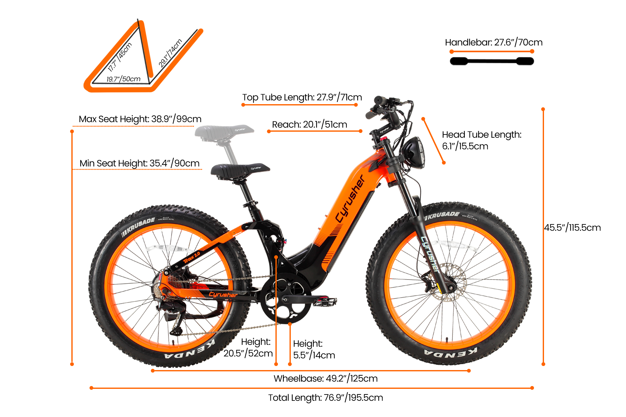 Orange und schwarzes E-Fatbike mit Maßangaben. Lenker 70 cm.