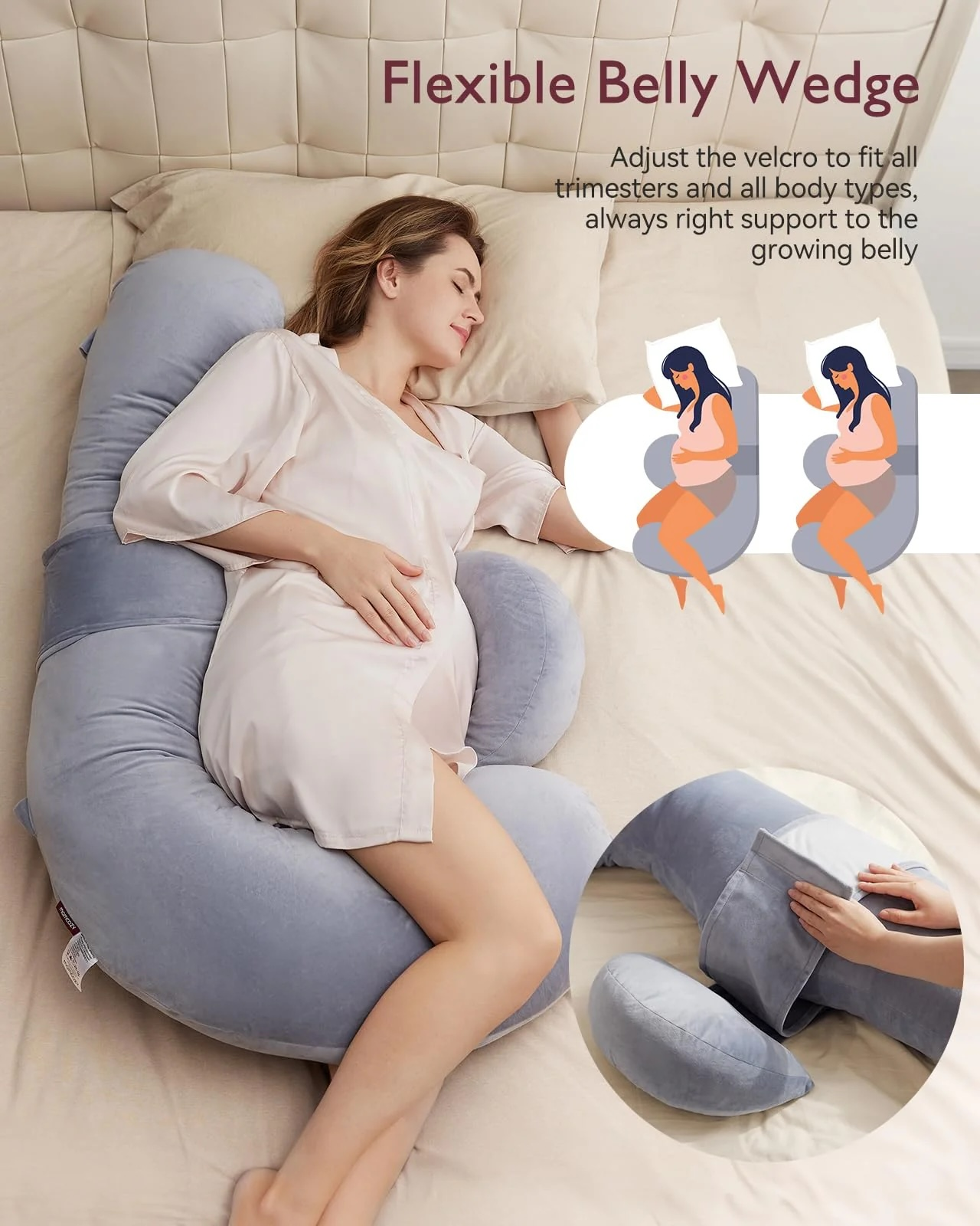Femme enceinte dort sur un lit avec un oreiller de coin de ventre gris.