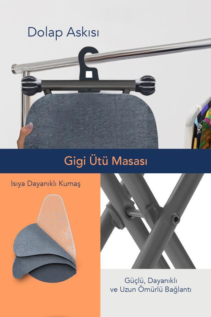 Katlanabilir ütü masası bir çubuğa asılı. Detaylar kumaş ve bağlantıyı gösterir.