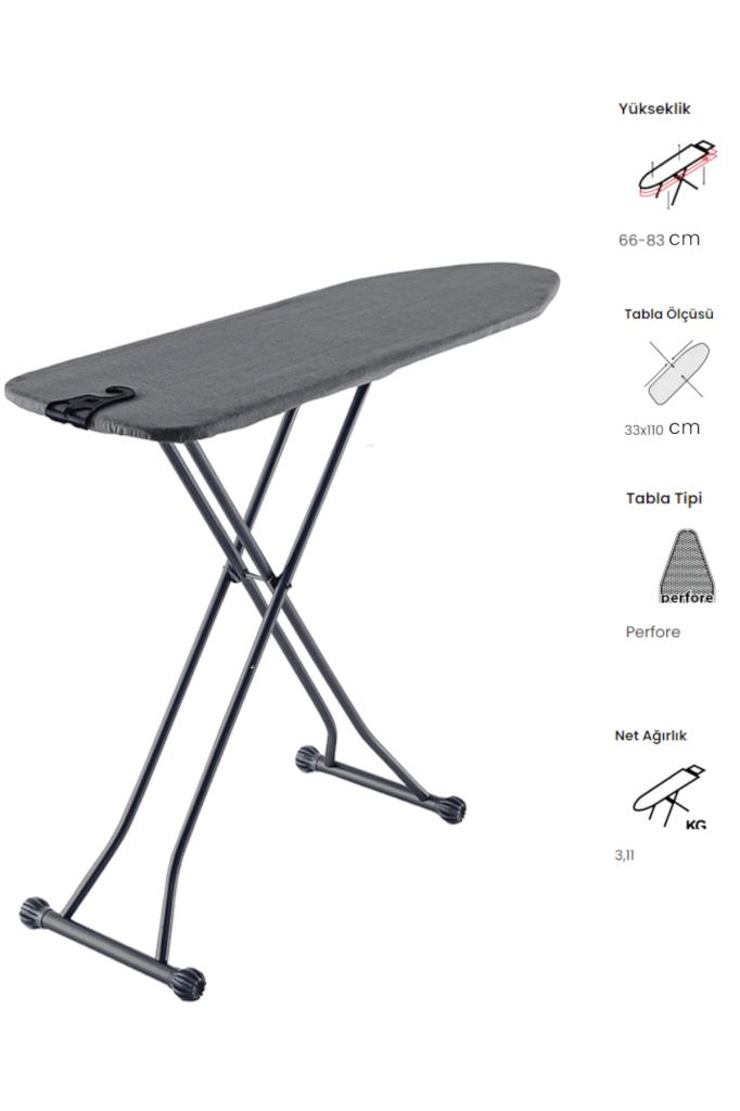 Siyah metal ayaklı gri ütü masası, yükseklik 66-83cm, boyut 33x110cm.