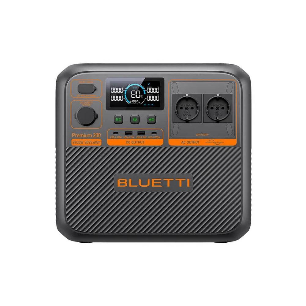 Una centrale elettrica portatile Bluetti Premium 200 grigia con display digitale che mostra l'80% di batteria.
