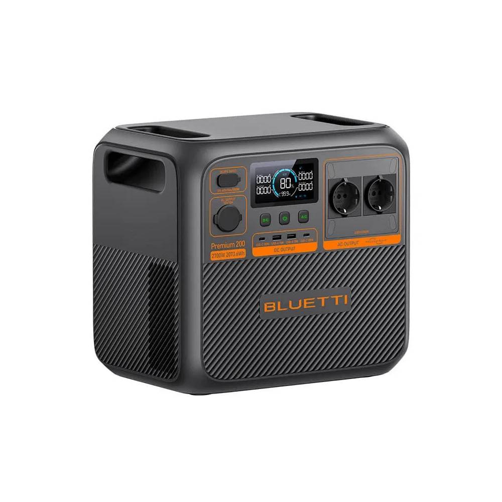 Una centrale elettrica portatile Bluetti Premium 200 nera con accenti arancioni.