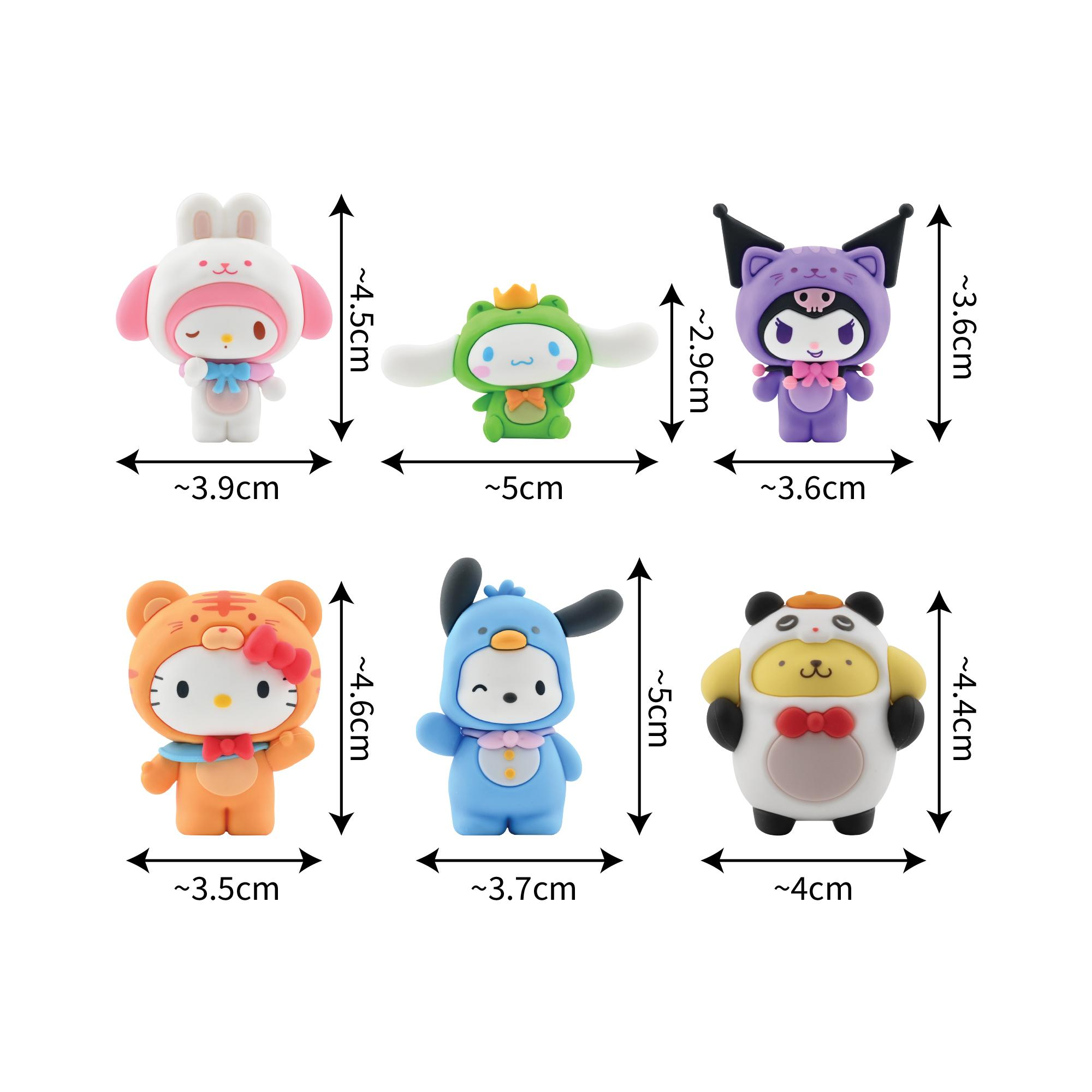 Seis figuras lindas: My Melody, Cinnamoroll, Kuromi, Hello Kitty, Pochacco, Pompompurin.