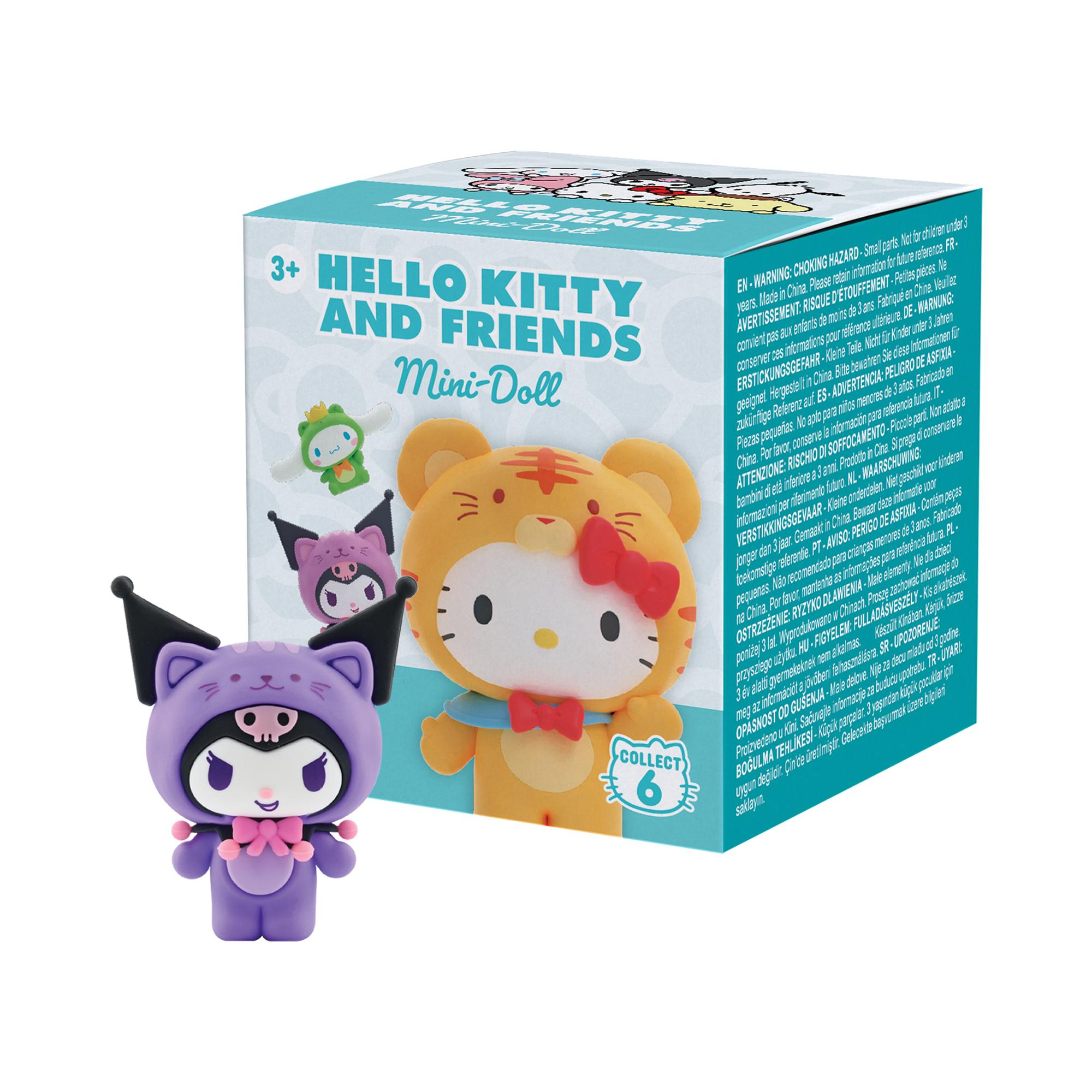Hello Kitty y Amigos Mini-Muñeca: Figuras morada y tigre delante del empaque.