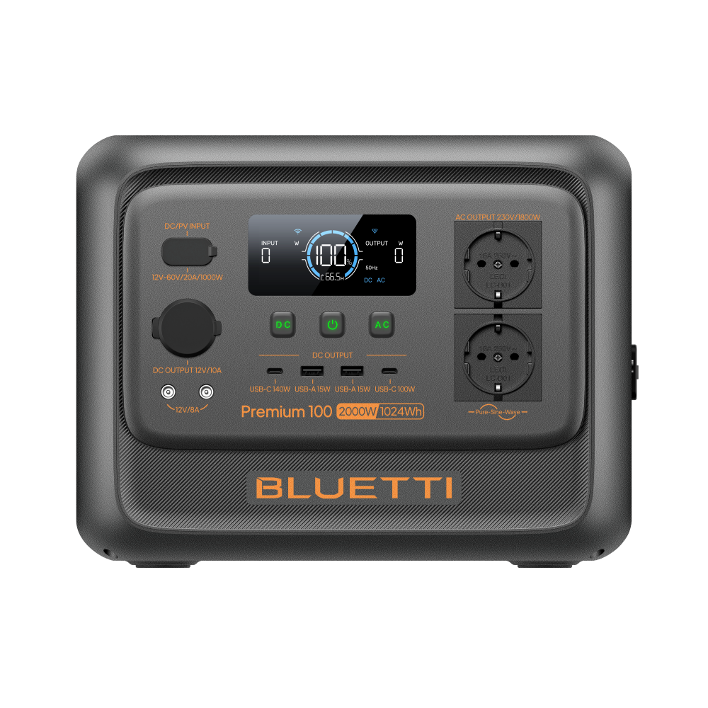 Una centrale elettrica Bluetti grigia con display digitale e varie porte.