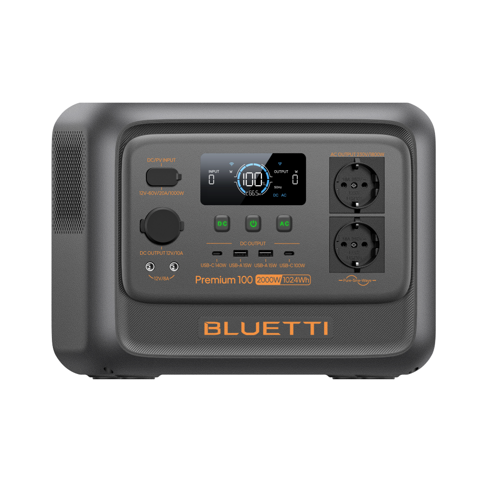 Stazione di alimentazione Bluetti grigia con schermo, porte e logo.