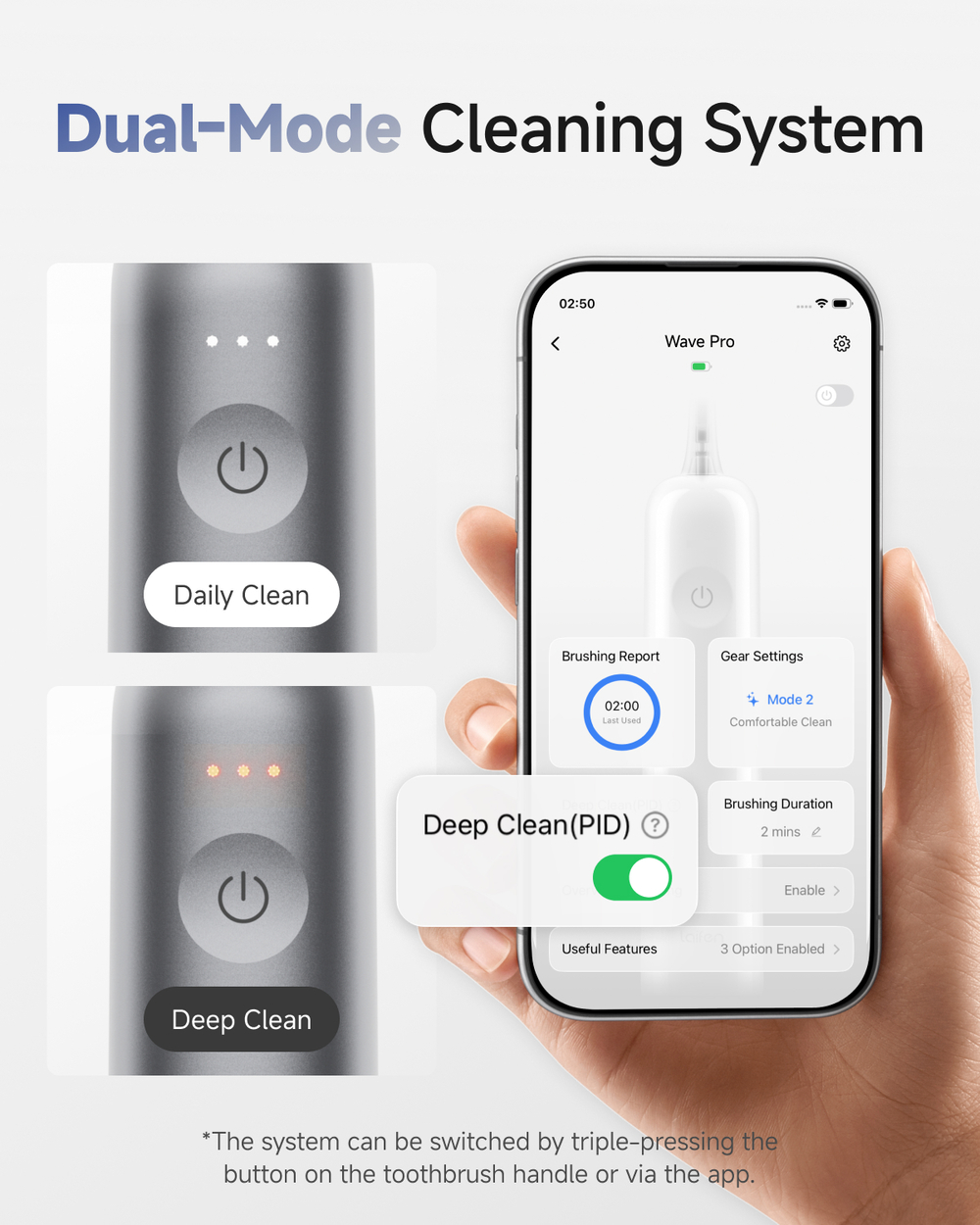 Doppie modalità spazzolino: Pulizia quotidiana e profonda. L'app mostra impostazioni.