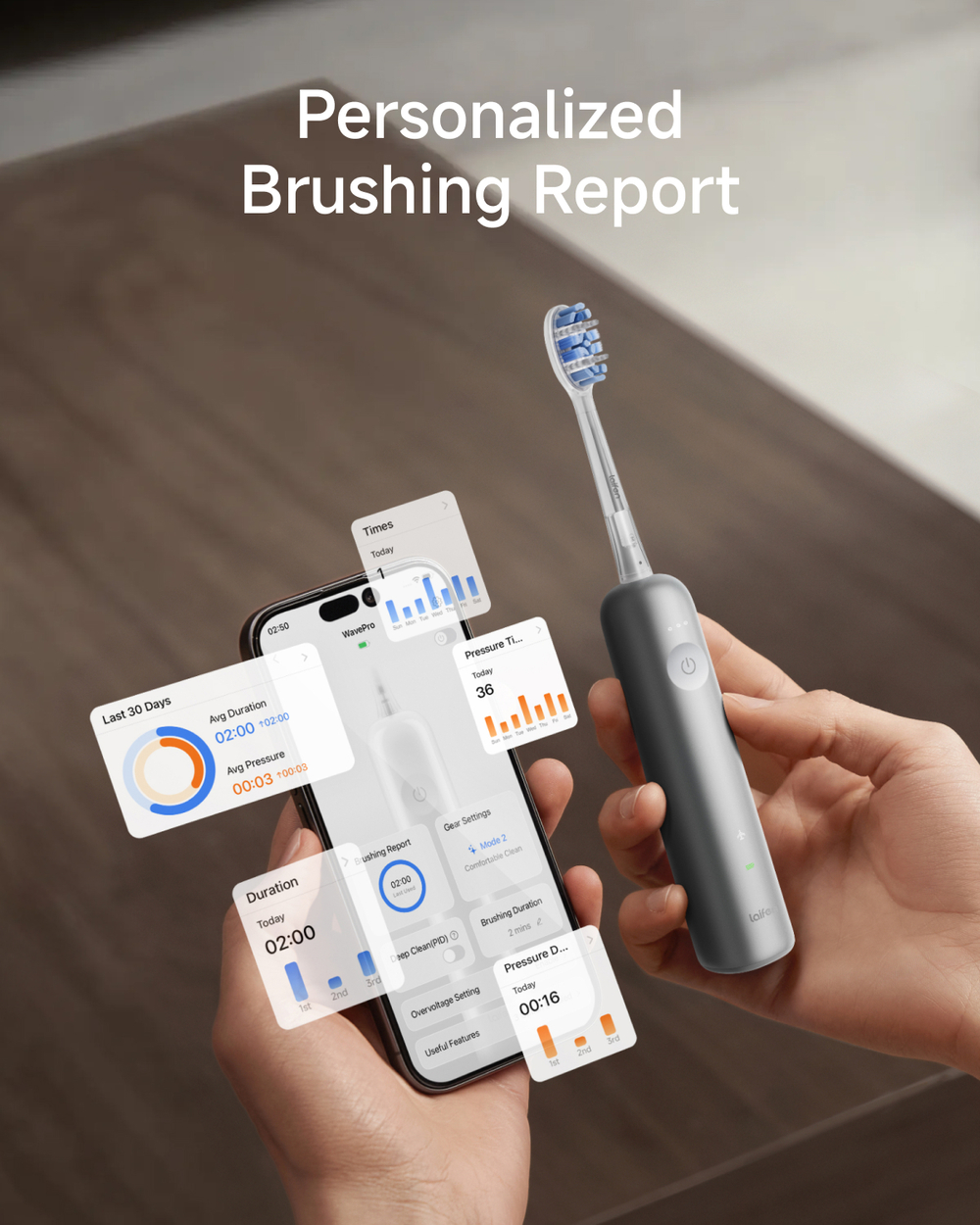 Spazzolino grigio con statistiche dell'app su uno smartphone che mostra report personalizzati.