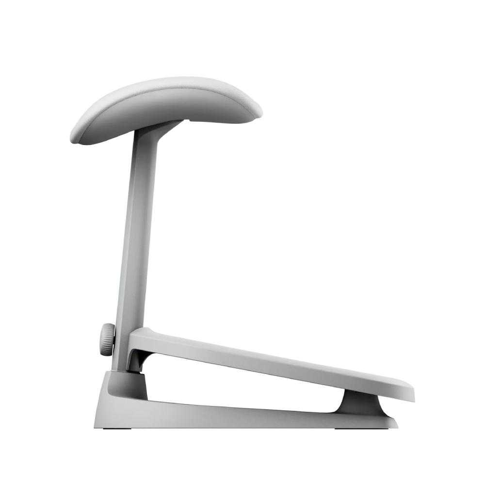 Bracciolo grigio con supporto imbottito e base regolabile.