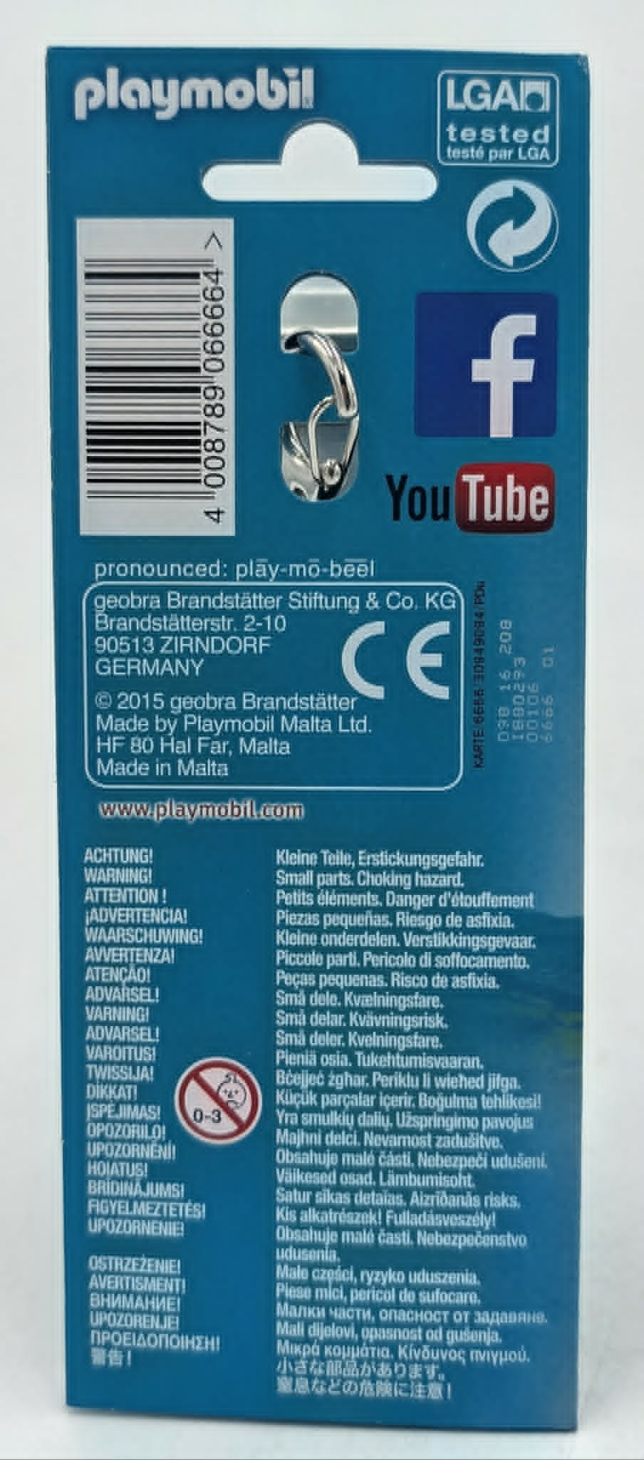 Confezione Playmobil con codice a barre, marchio CE, loghi Facebook e YouTube.