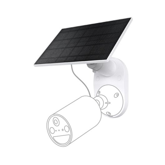 Weiße Überwachungskamera mit Solarpanel auf weißem Hintergrund.