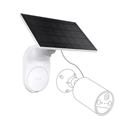 Weiße Überwachungskamera mit Solarpanel-Halterung. Enthält Kamera und separates Solarpanel.