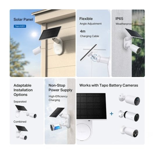 Tapo A201 Solarpanel mit Kamera, flexibler Halterung, wetterfest, anpassbare Installation.