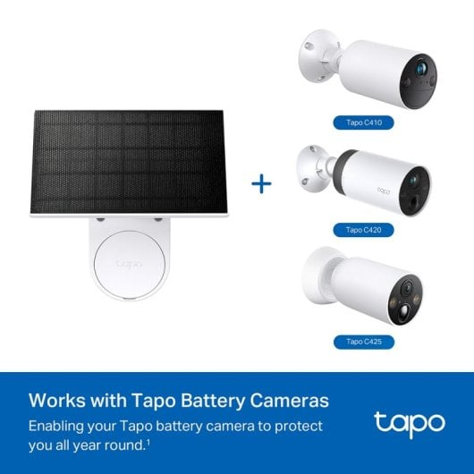 Solarpanel und drei weiße Tapo Kameras C410, C420, C425.