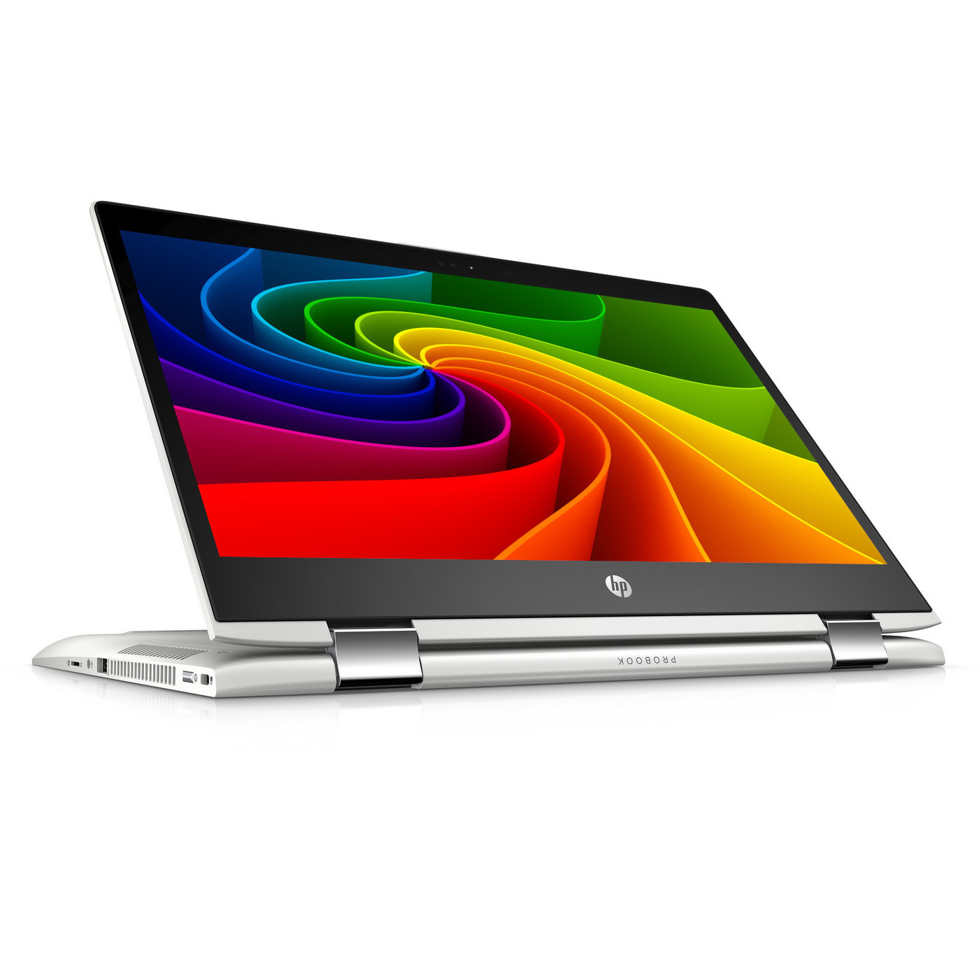 Ein silbernes HP ProBook-Laptop mit offenem Bildschirm, der ein farbenfrohes abstraktes Muster zeigt.