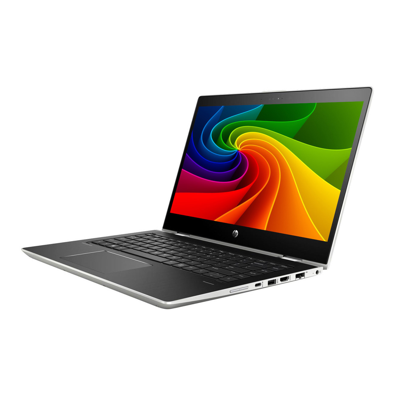 Ein silberner Laptop mit einem bunten Hintergrundbild auf dem Bildschirm.