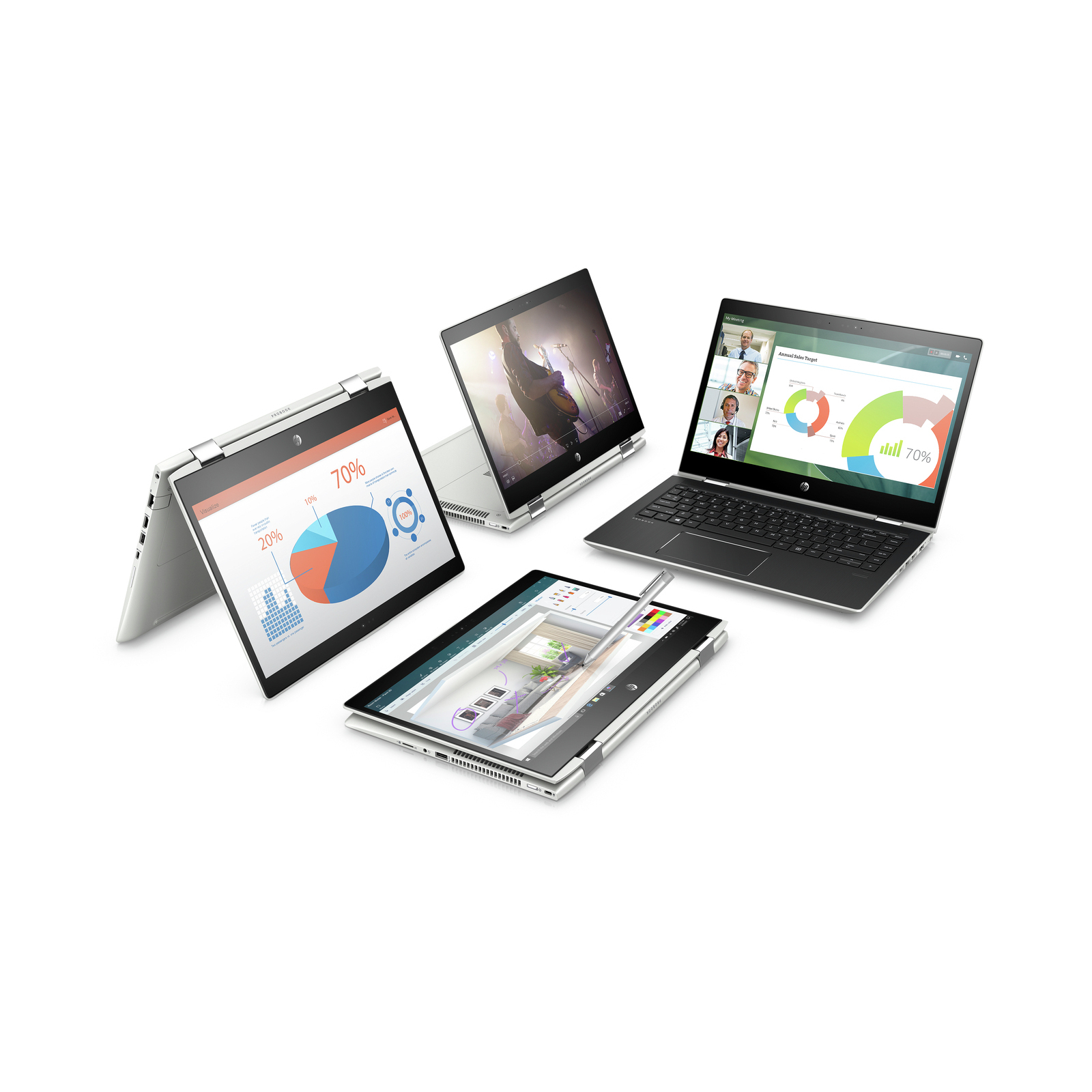 Vier HP Laptops und Tablets auf weißem Hintergrund, einige mit Diagrammen und Videokonferenzen.
