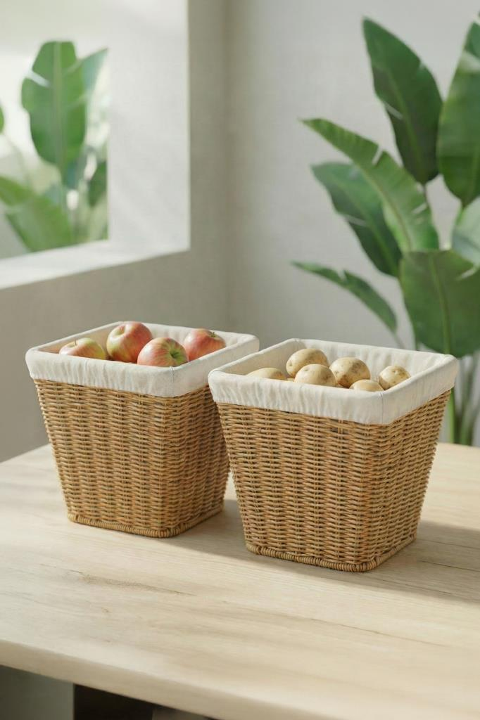 Kumaş astarlı iki hasır sepet. Birinde kırmızı elmalar, diğerinde patates var.