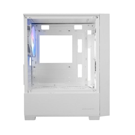Interior de caja de PC blanca con ventilador RGB y soportes de placa base vacíos.