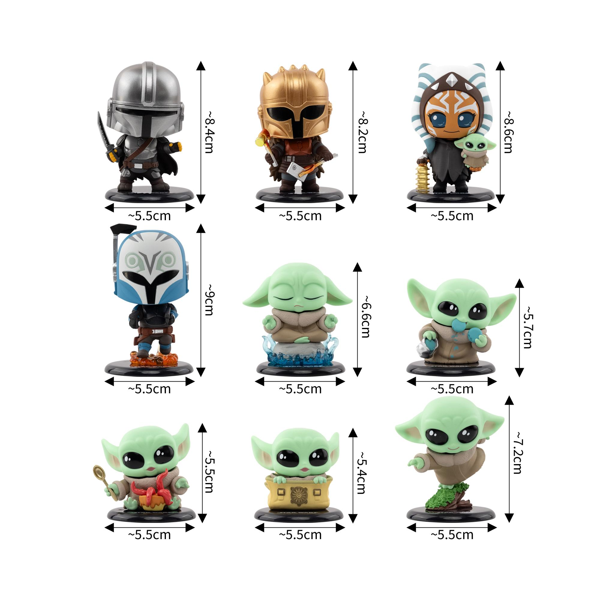 Nueve figuras de personajes de Star Wars. Cuatro variantes de Mandaloriano, una Ahsoka con Grogu y cuatro Grogu.