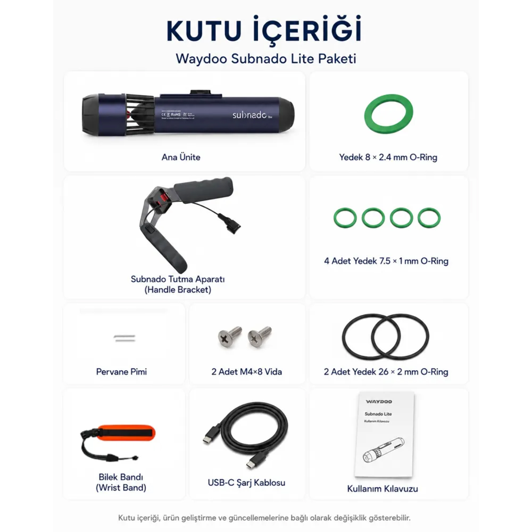 Görsel Waydoo Subnado Lite paket içeriğini gösterir: ana ünite, tutamak, O-ringler, vidalar, bileklik, kablo ve kılavuz.