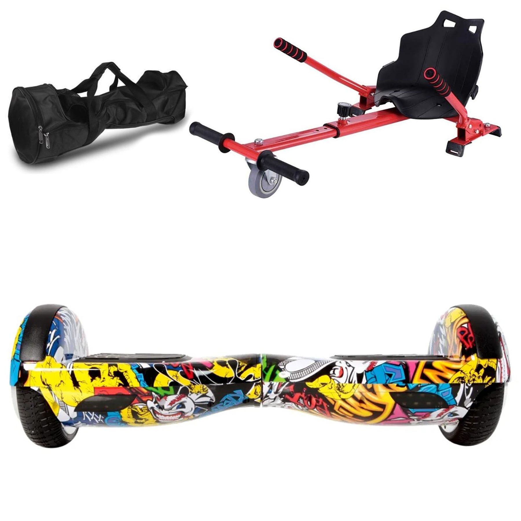 Renkli graffitili bir hoverboard, siyah taşıma çantası ve kırmızı hoverboard aparatı.
