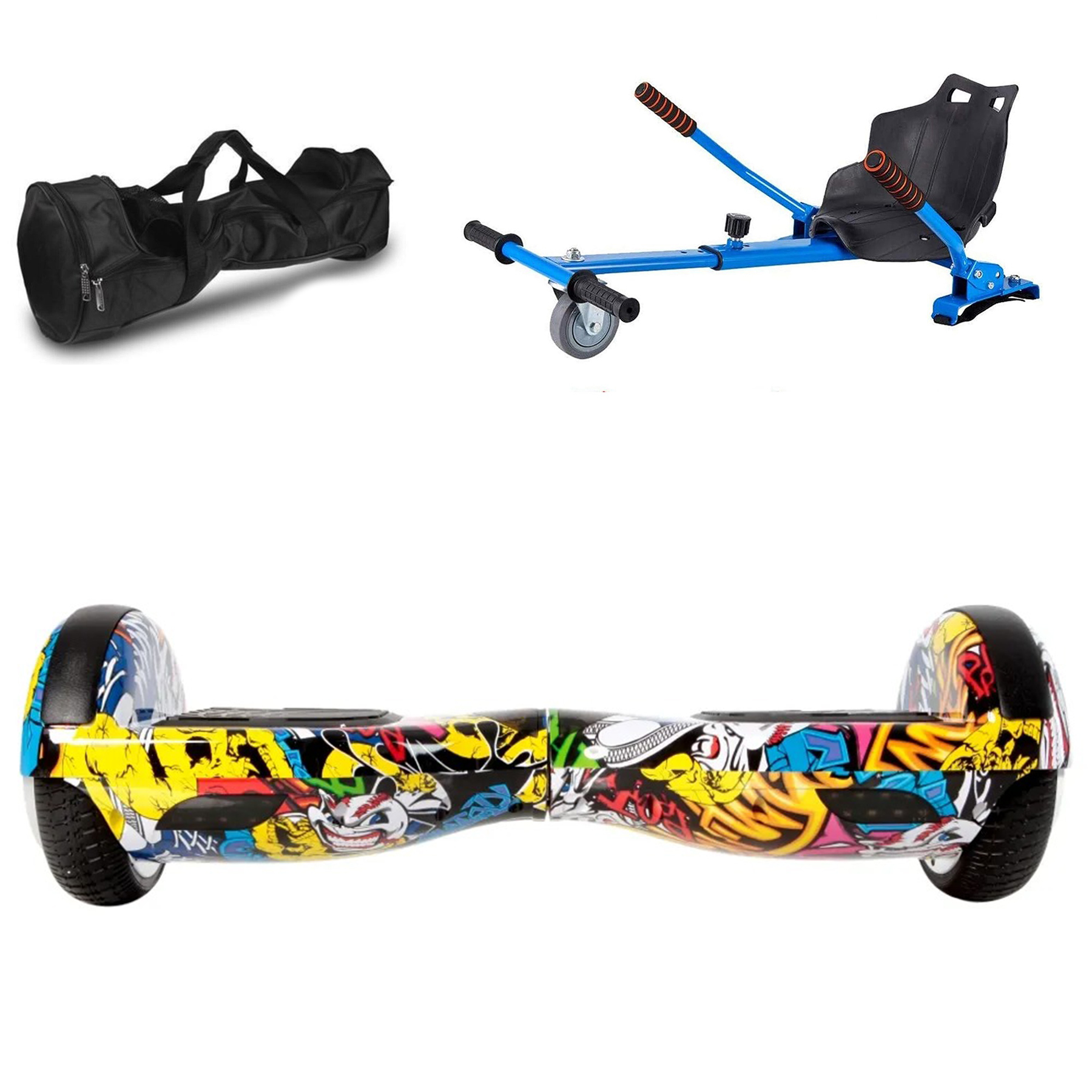 Graffiti sanatlı hoverboard, siyah taşıma çantası ve mavi hoverboard koltuk aparatı.
