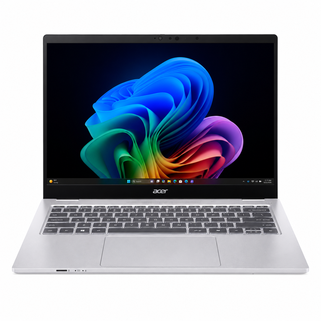 Un laptop Acer argentato aperto con uno sfondo astratto colorato.