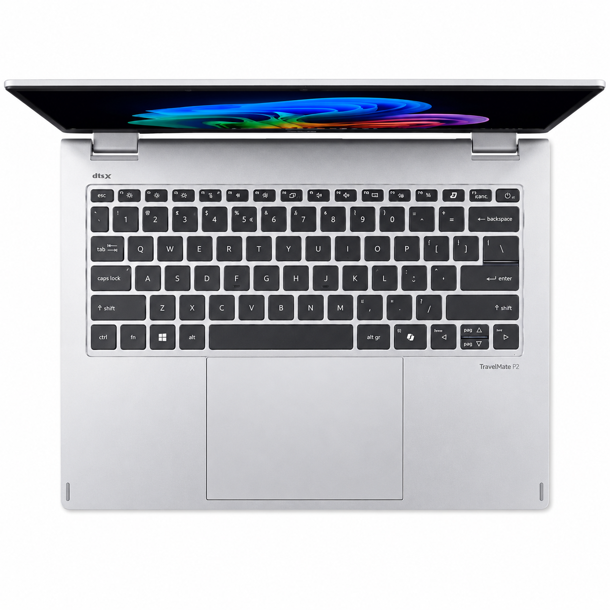 Laptop argento con tastiera aperta. Sfondo colorato sullo schermo. TravelMate P2.