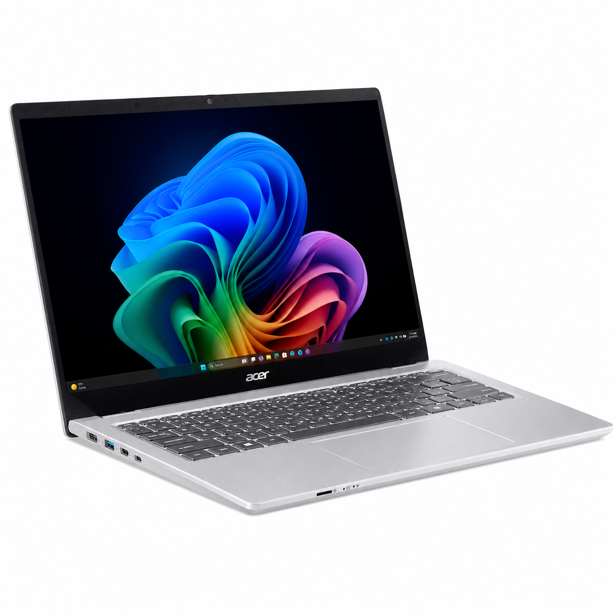 Un laptop Acer argentato è aperto, mostra uno sfondo astratto colorato sullo schermo.