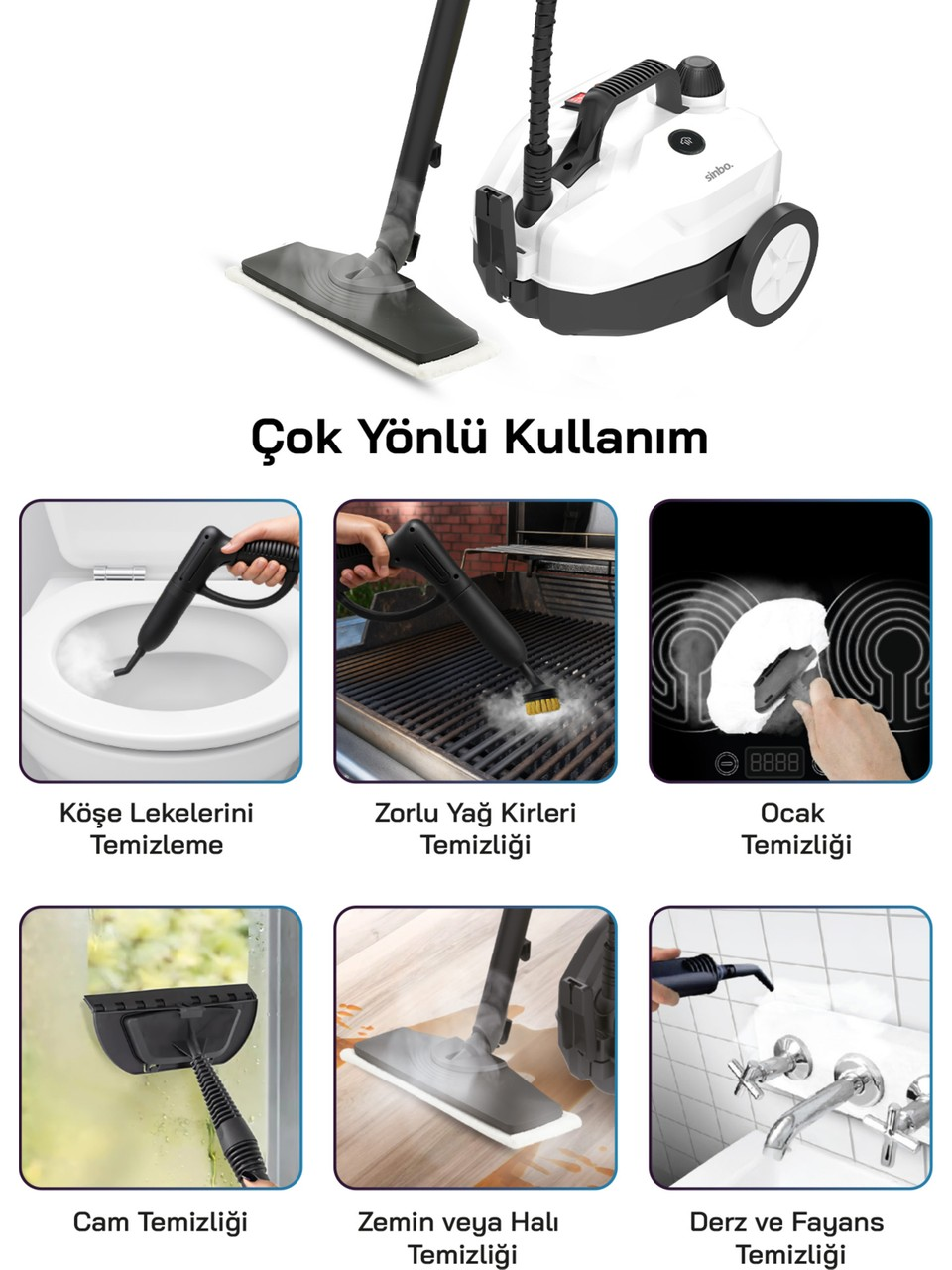 Buharlı temizleyici, tuvalet, ızgara, ocak gibi çeşitli temizlik görevleri için aksesuarlı.