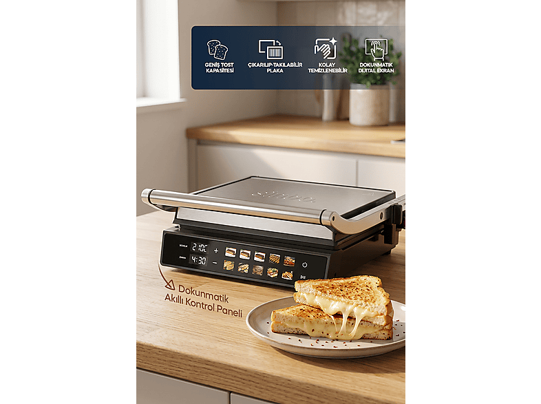 SINBO SSM-2597 10 Ön Ayarlı Dijital Ekranlı Sıcaklık Zaman Göstergeli Döküm 2000W Tost ve Izgara Makinesi Gri