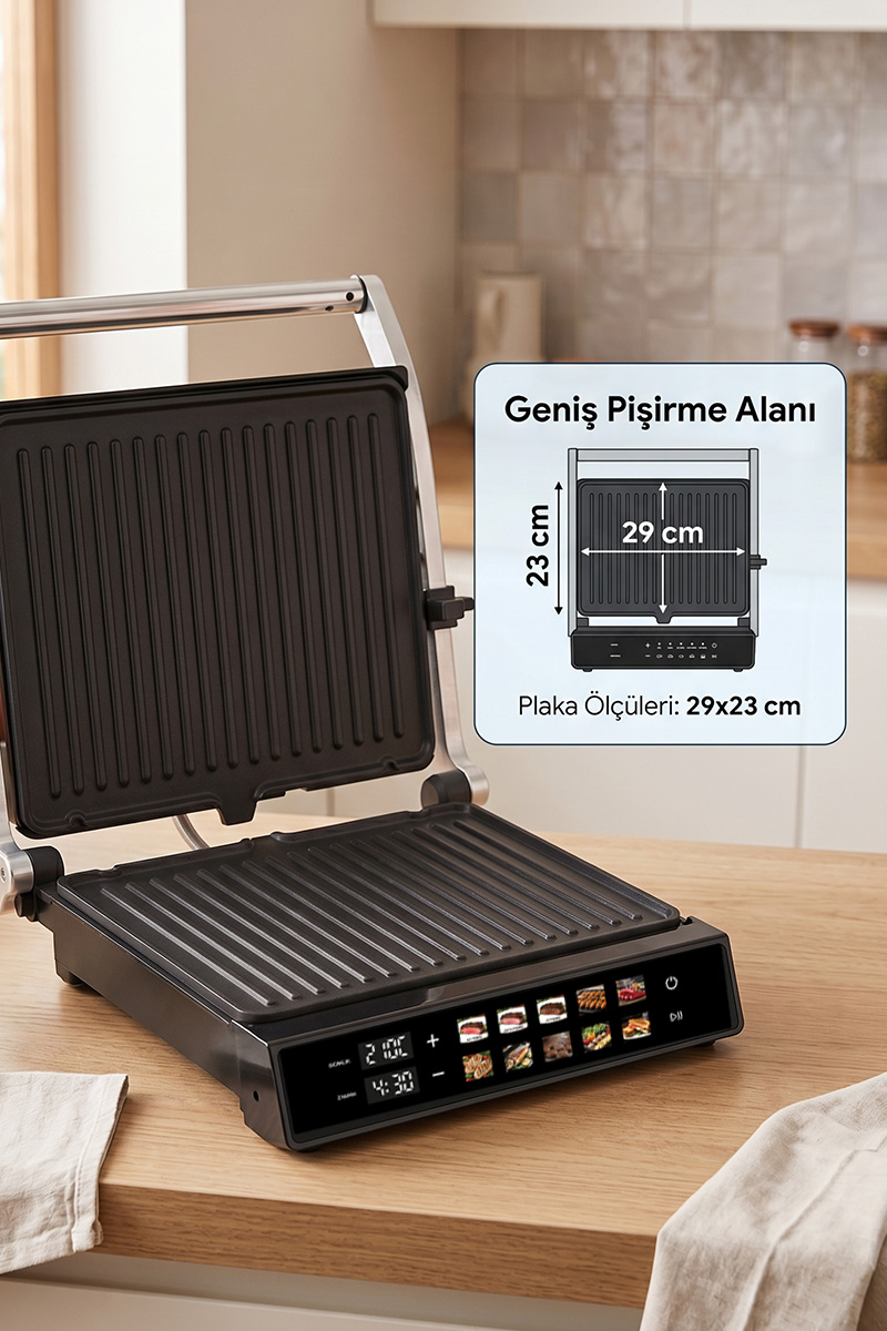 Dijital kumandalı ve pişirme programlı açık bir kontakt grill.