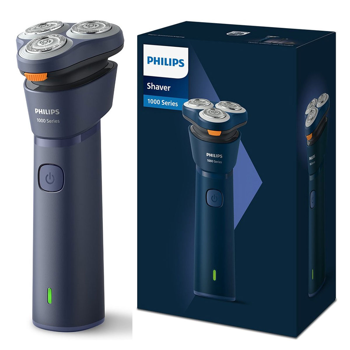 Ciemnoniebieska maszynka do golenia Philips Seria 1000 z trzema obrotowymi głowicami.