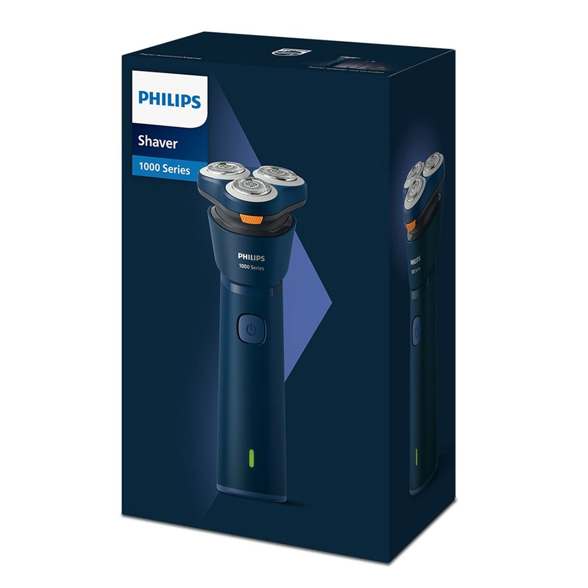 Ciemnoniebieskie pudełko z golarką Philips serii 1000.