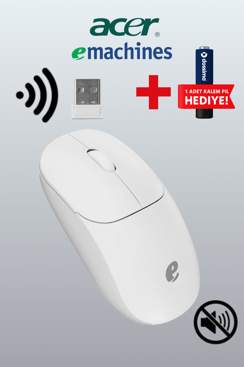 USB dongle, pil ve Acer eMachines logosu olan beyaz kablosuz fare.