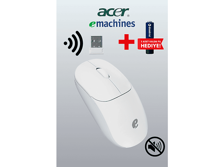 ACER EAM080 eMachines Sessiz USB Alıcılı Pil Hediyeli Ev ve Ofis İçin Kablosuz Mouse Beyaz
