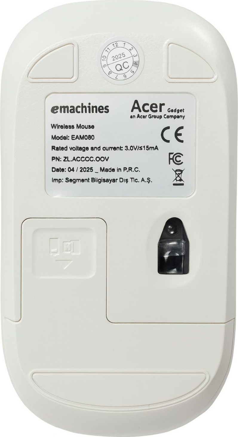 Model numarası ve CE işareti olan beyaz Acer kablosuz farenin alt yüzeyi.