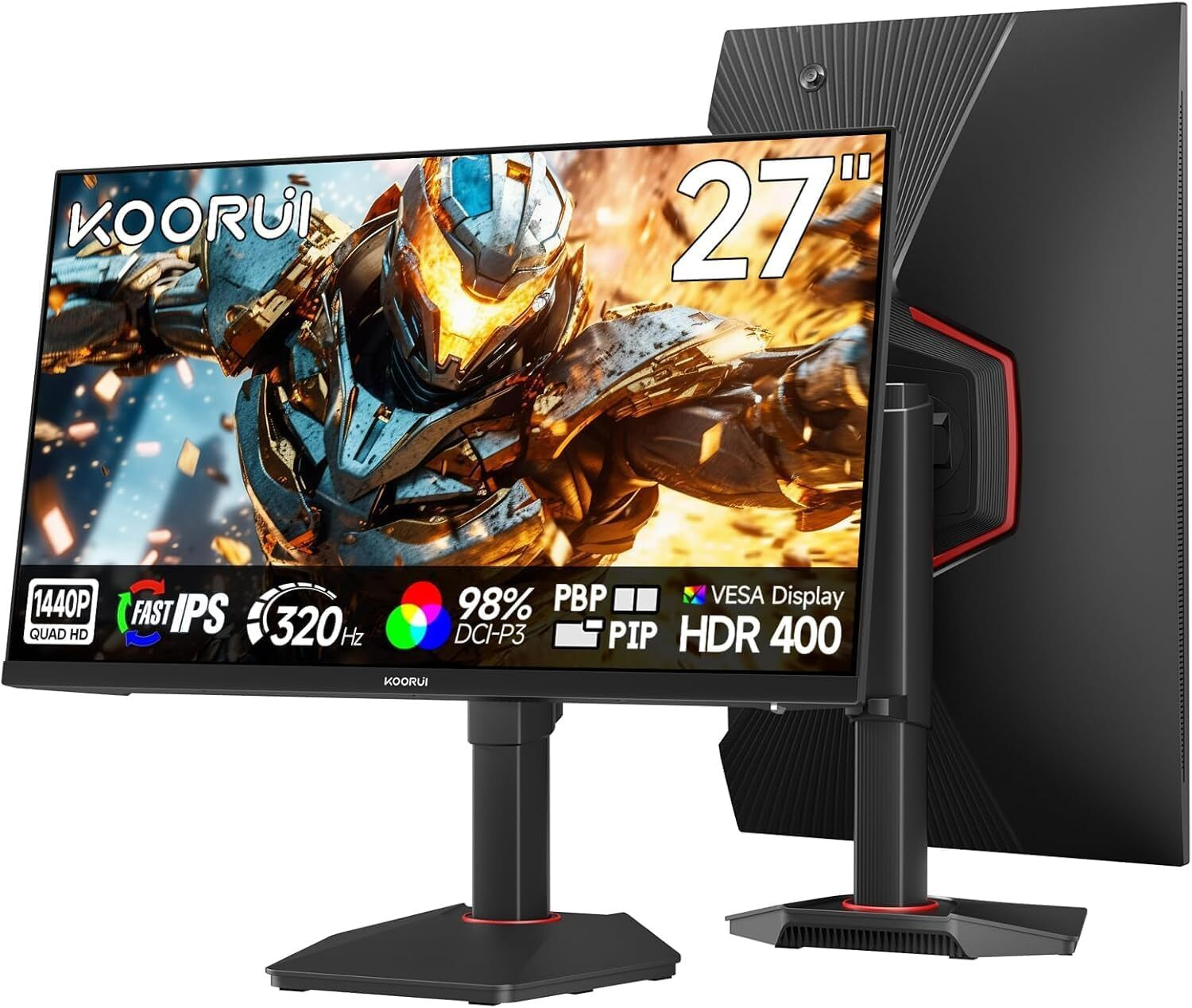 Un monitor gaming de 27 pulgadas con 1440p, 320Hz, HDR 400 y fondo de robot de ciencia ficción.
