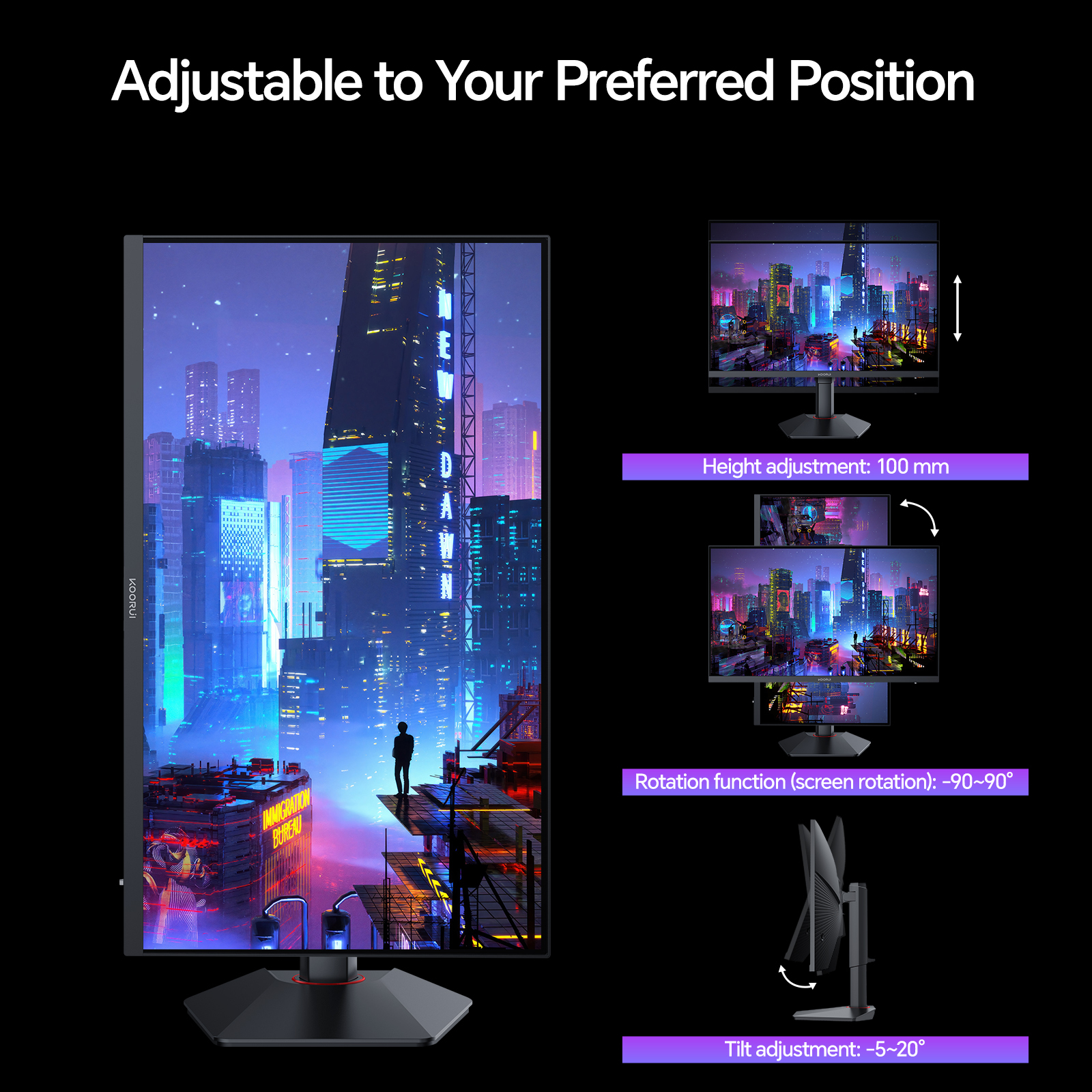 Un monitor con vista de ciudad futurista, ajustable en altura, rotación e inclinación.