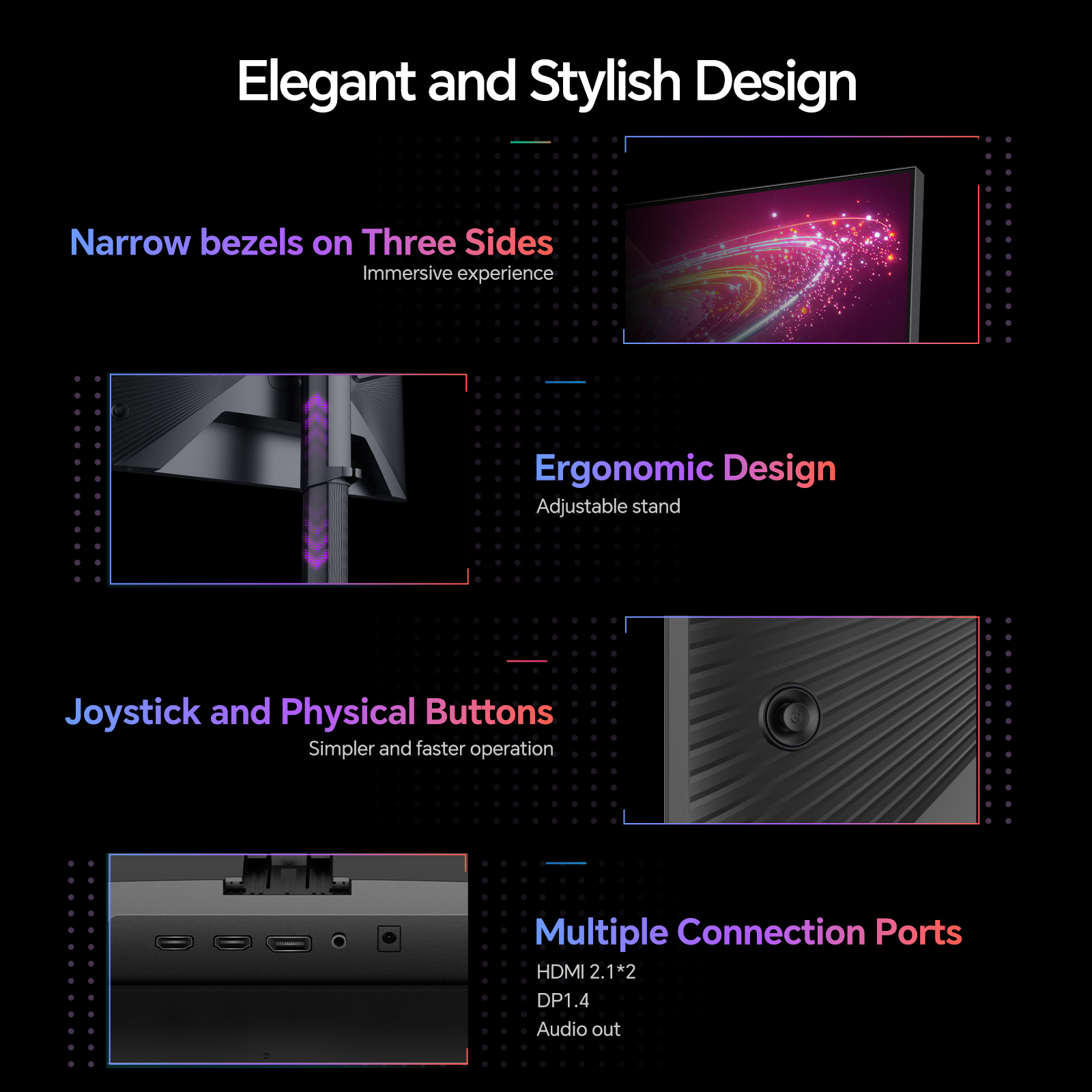 Monitor con biseles estrechos, diseño ergonómico y múltiples puertos de conexión.