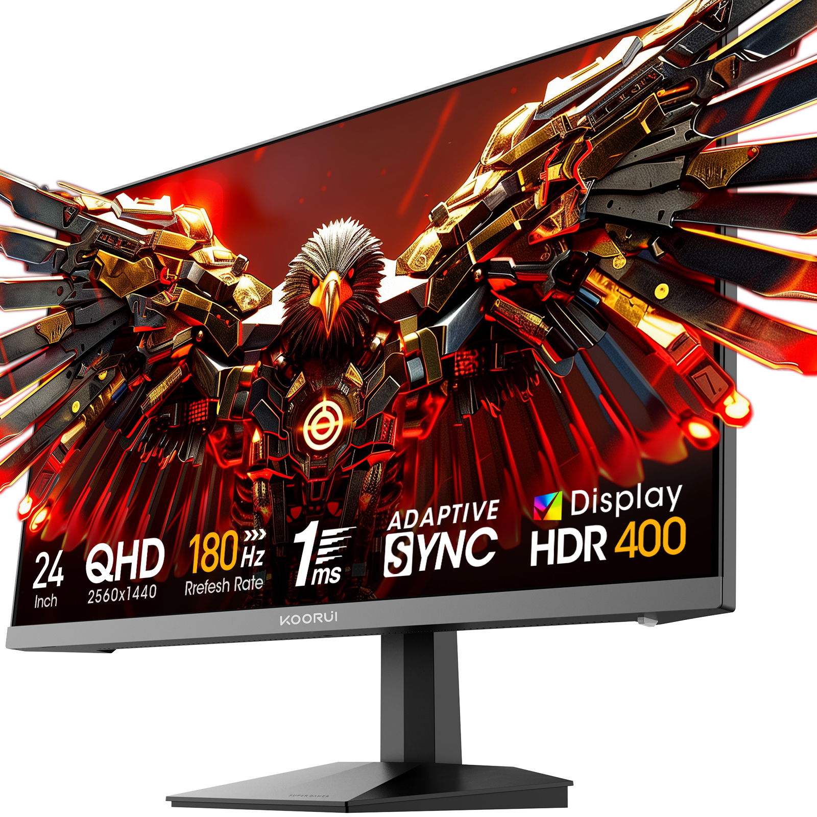 Un monitor que muestra un águila estilizada y especificaciones técnicas.