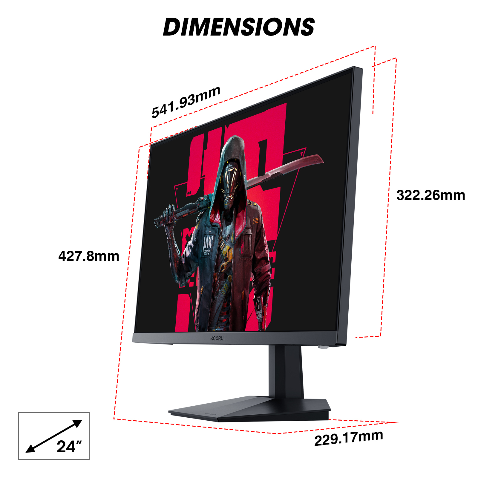 Un monitor de 24 pulgadas muestra un personaje cyberpunk con espada. Se muestran dimensiones.