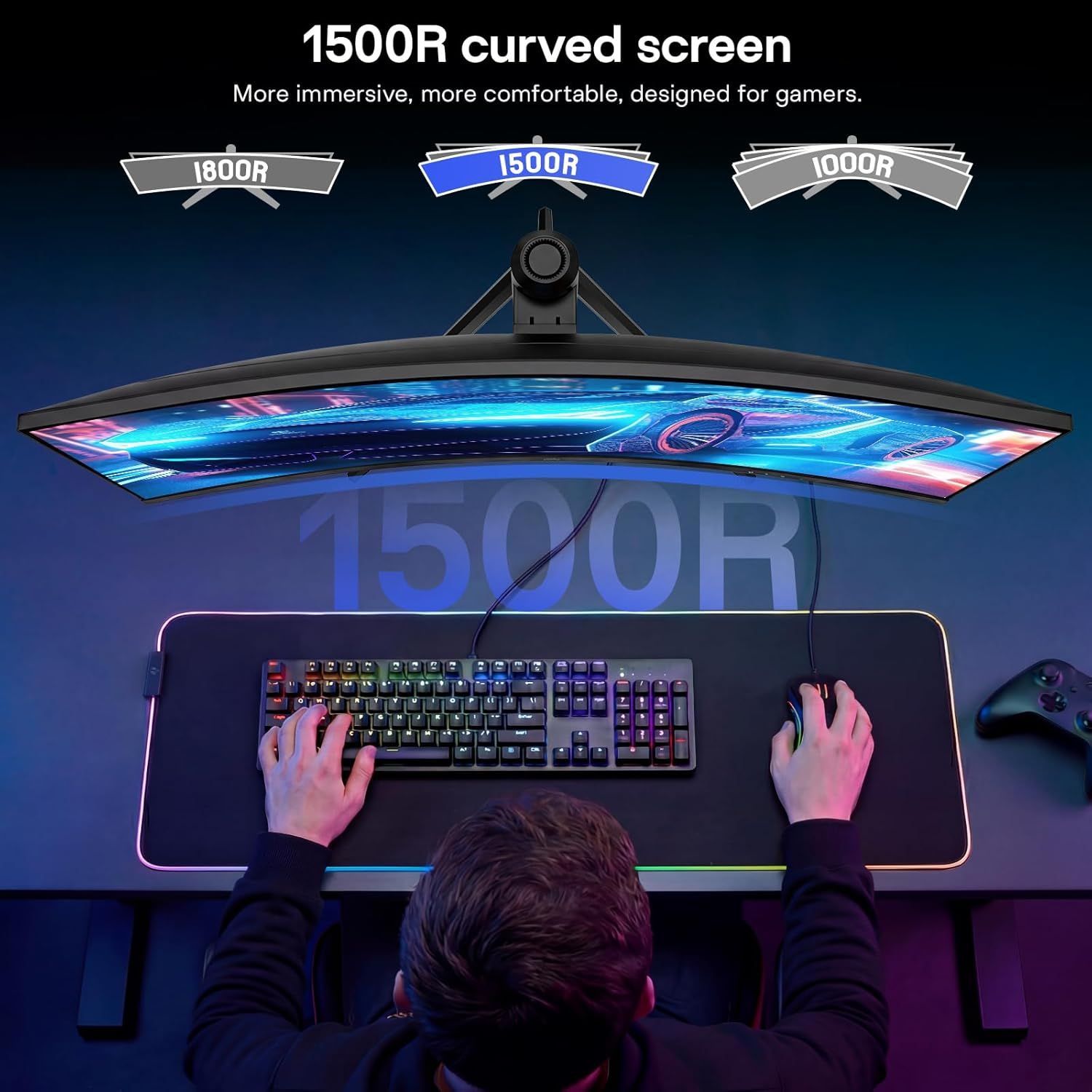 Gamer usa teclado y ratón RGB en una pantalla curva 1500R.