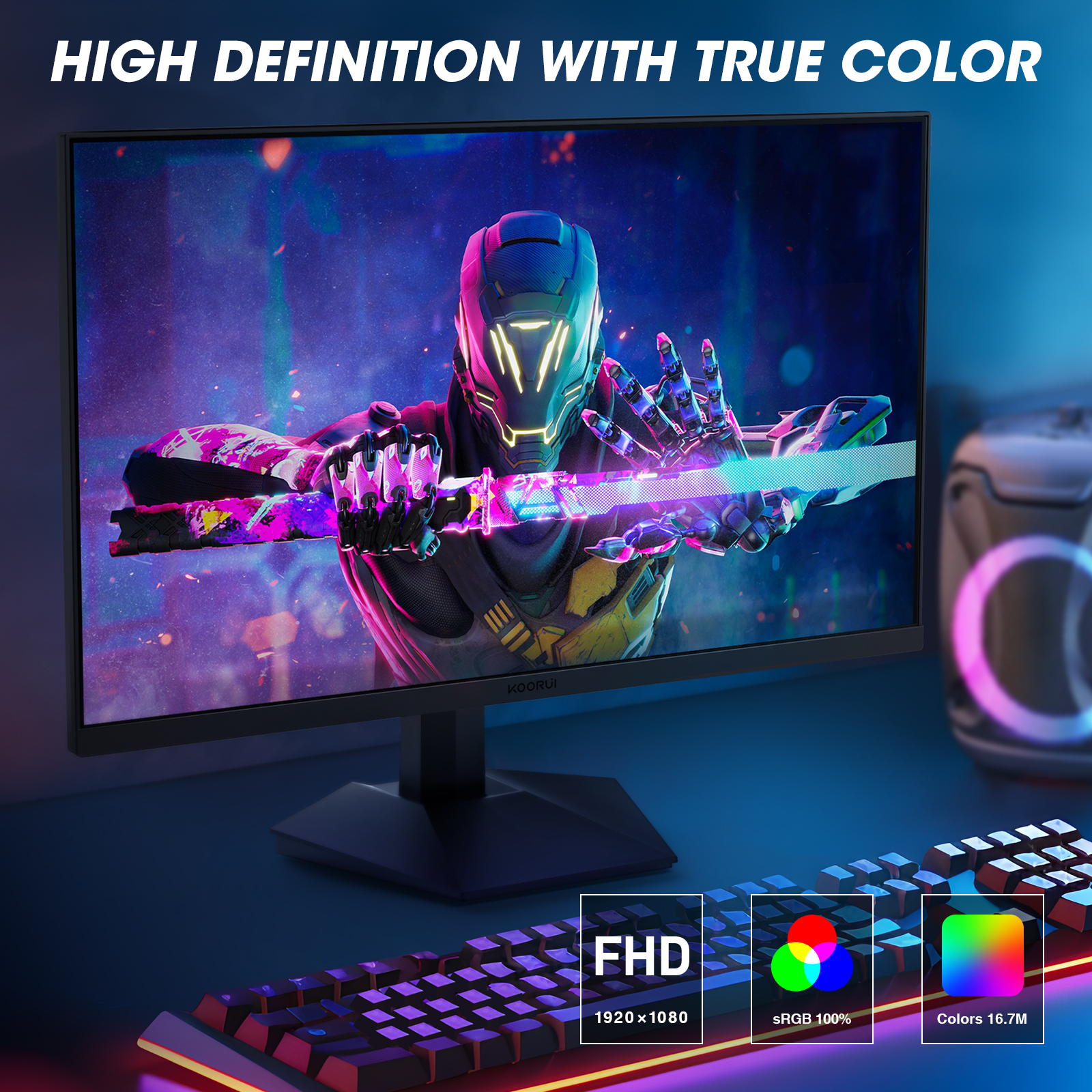 Un monitor muestra un cíborg con una espada brillante ante un fondo colorido.