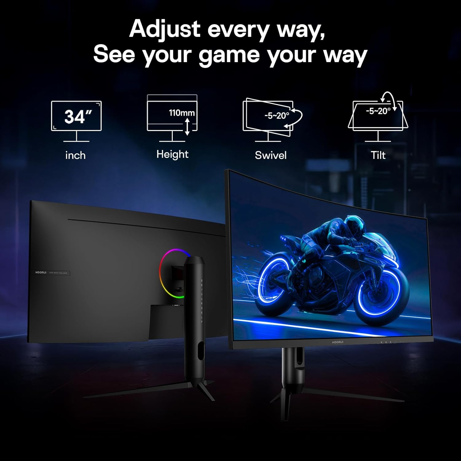 Un monitor de 34 pulgadas con soporte ajustable, mostrando imagen de moto.
