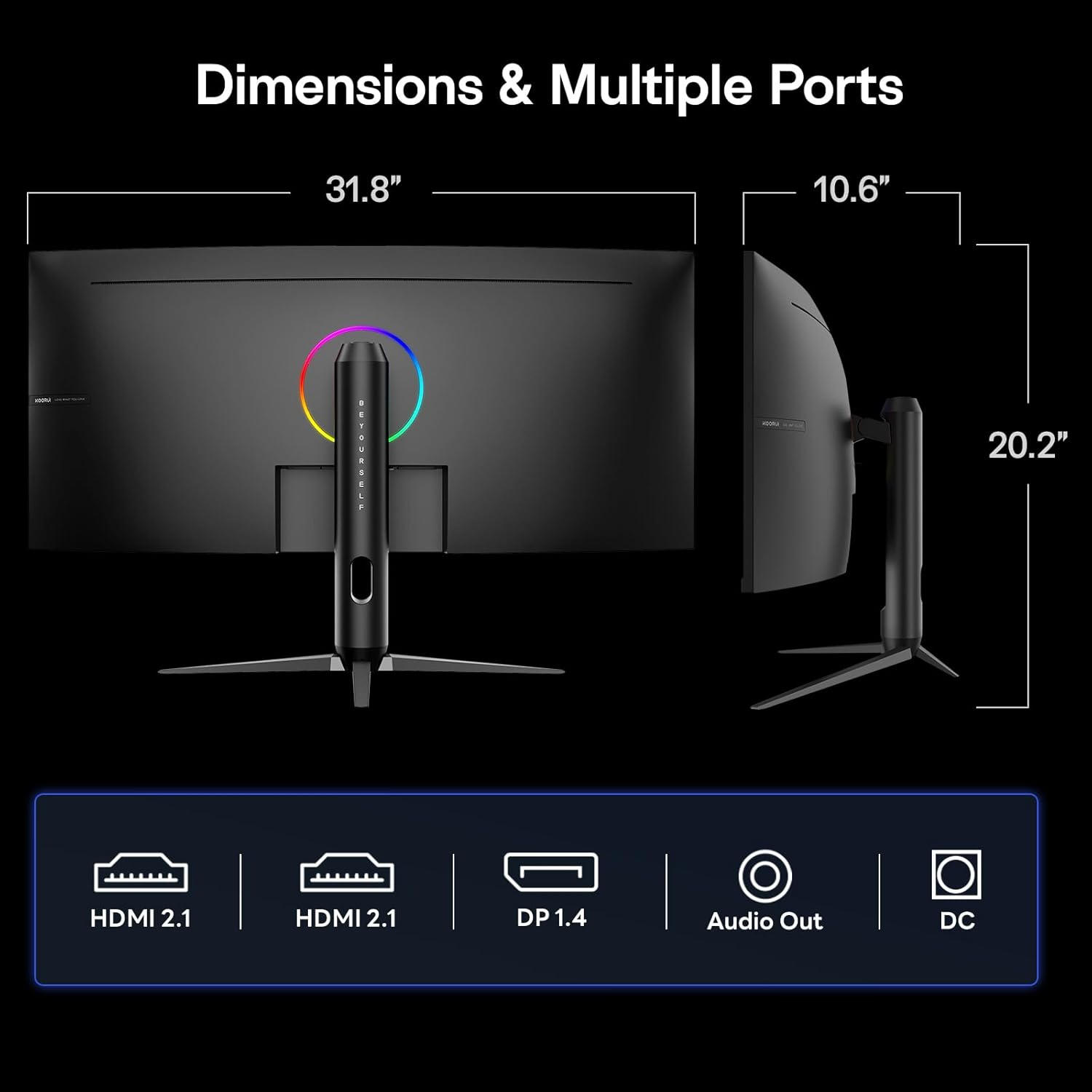 Dimensiones monitor: 80,8 cm An, 26,9 cm Pr, 51,3 cm Al. Puertos: 2x HDMI 2.1, DP 1.4, Salida Audio, CC.