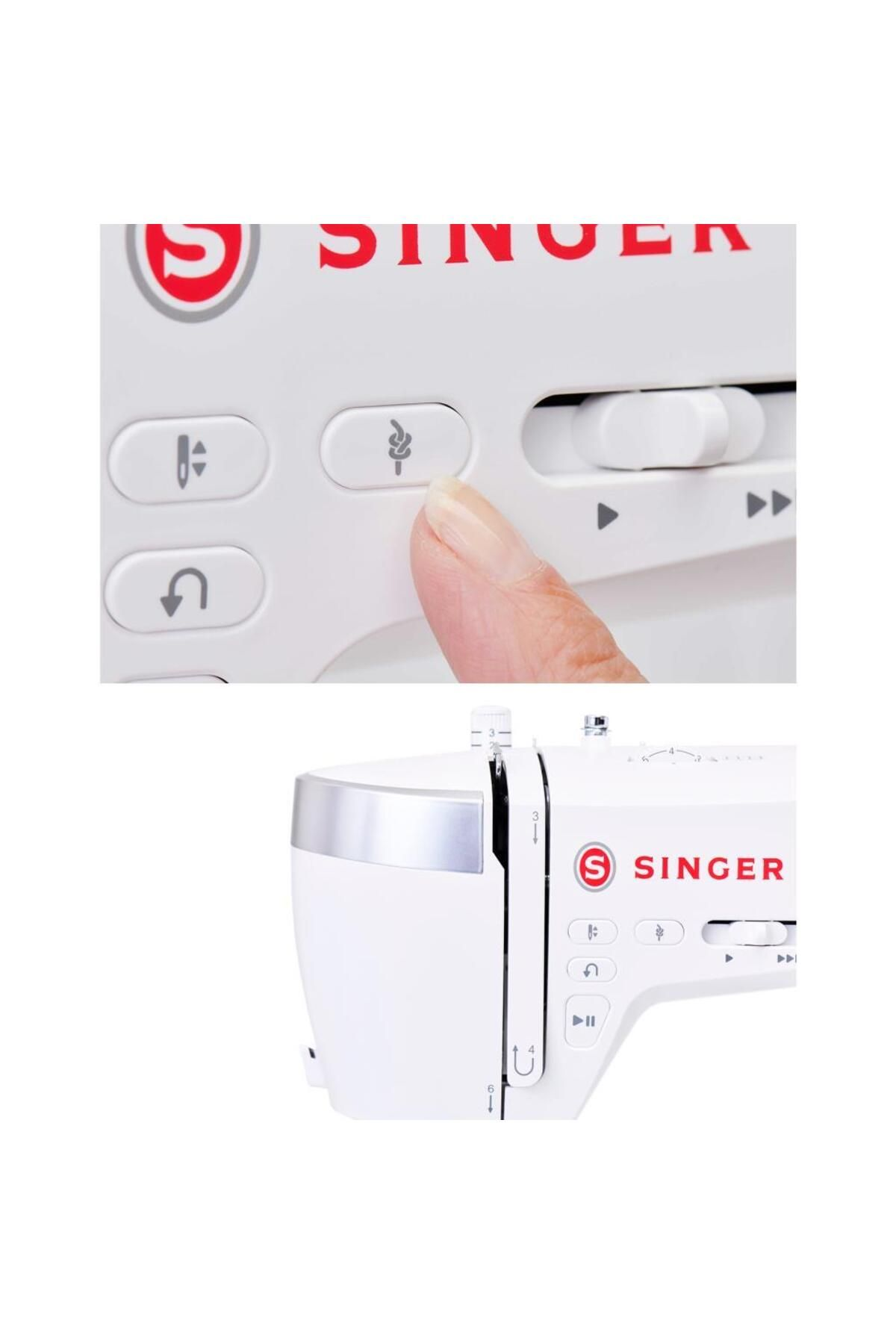 Kırmızı yazılı beyaz Singer dikiş makinesindeki bir düğmeye parmak basıyor.
