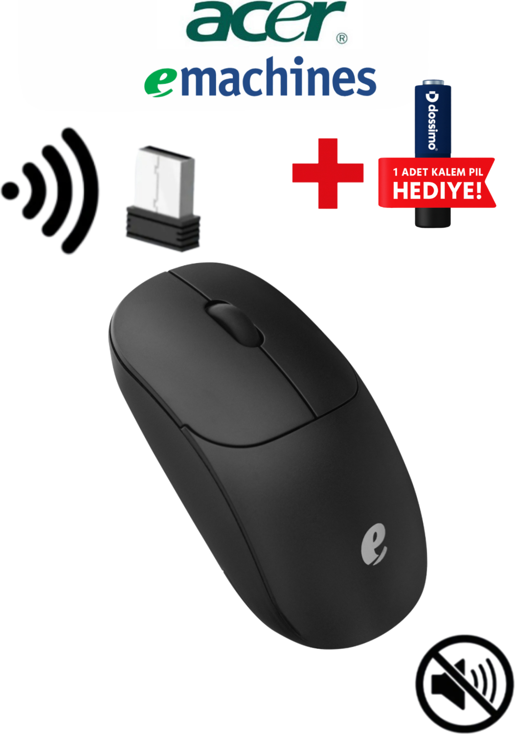 USB dongle, pil ve Acer logoları olan siyah fare.